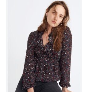 Madewell 100% Silk Ruffle Hem Wrap Top Star Print Sz L Dark Romantic Whimsical